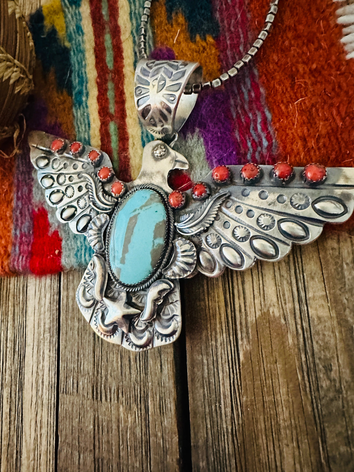 Handcrafted Turquoise, Coral & Sterling Silver Thunderbird Pendant by Richard Yazzie