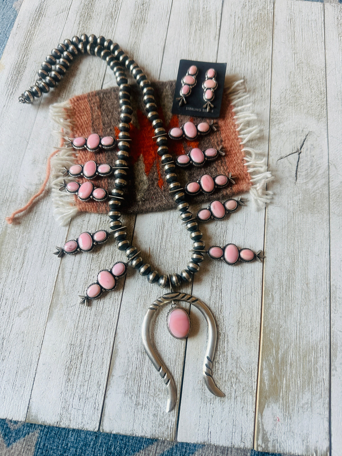 Handcrafted Sterling Silver & Queen Pink Conch Squash Blossom Necklace Set