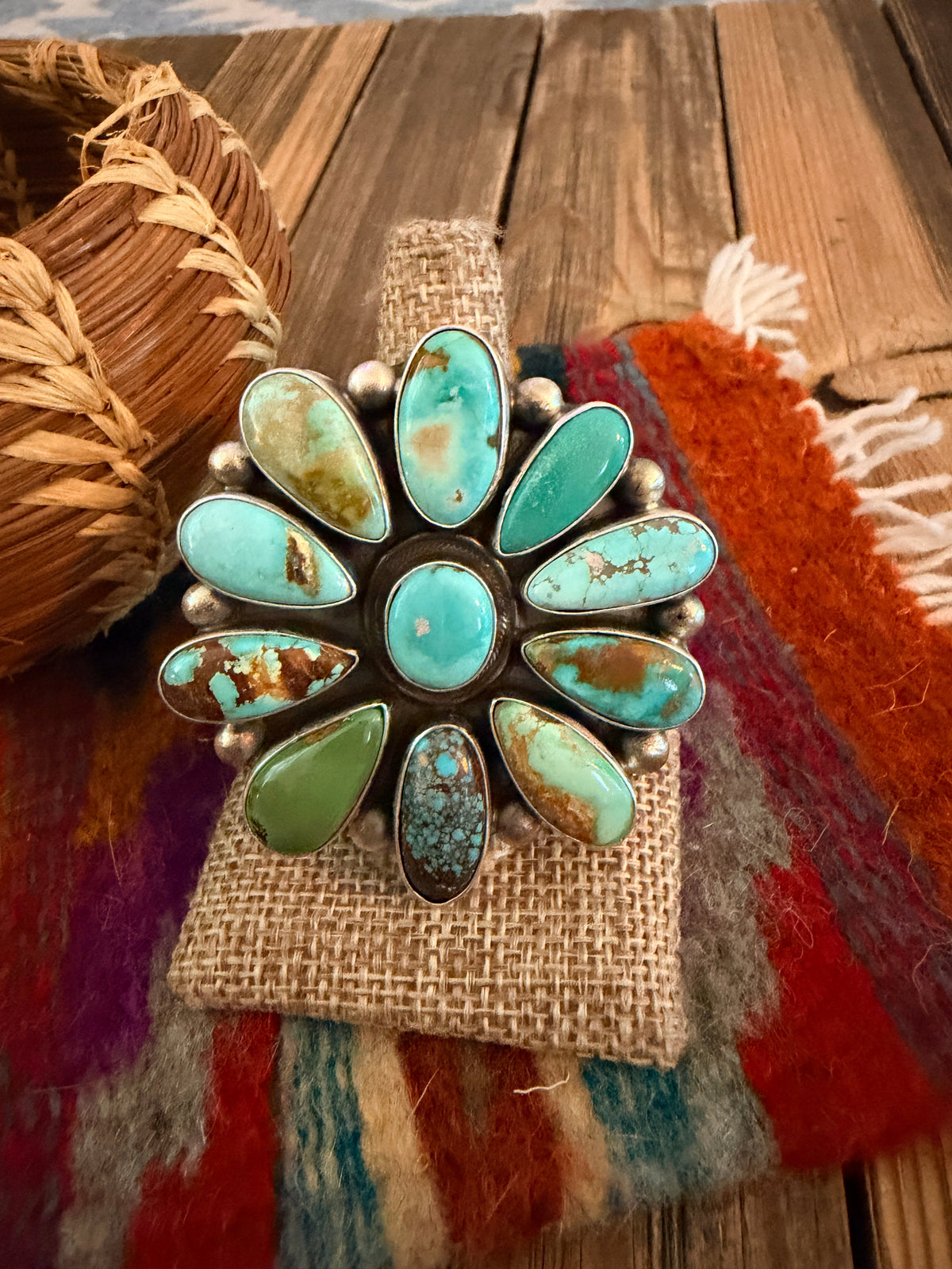 Handcrafted Multi Turquoise & Sterling Silver Cluster Ring Size 9 by Kathleen Livingston