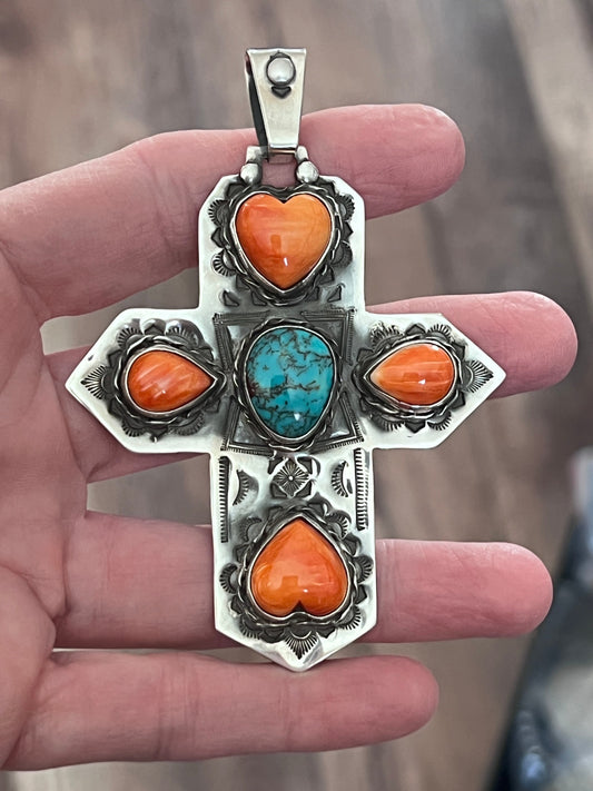 Hand Stamped Sterling Silver, Kingman Turquoise & Spiny Oyster Cross Pendant by Kimari Somers