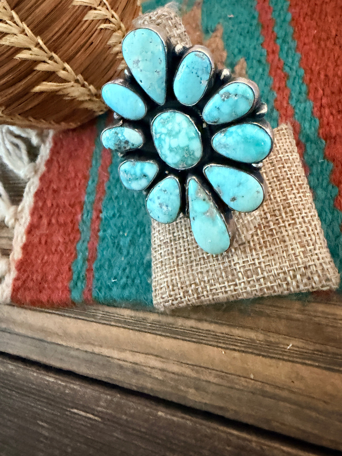 Handcrafted Kingman Turquoise & Sterling Silver Cluster Ring Size 8.5 by Sheila Becenti