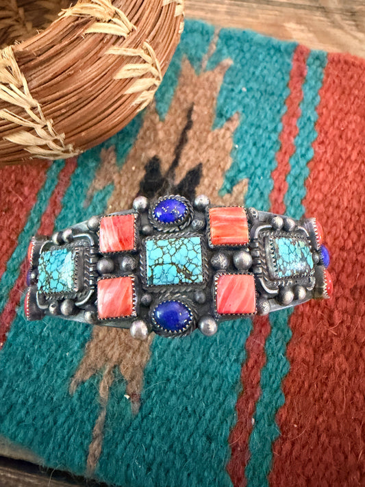 Handcrafted Old Pawn Sterling Silver & Multi Stone Cuff Bracelet