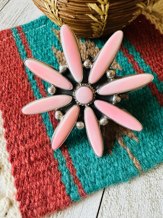 Handcrafted Sterling Silver & Queen Pink Conch Adjustable Flower Ring