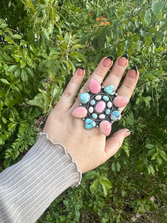 Handcrafted Golden Hills Turquoise, Pink Conch, and Sterling Silver Adjustable Ring Signed