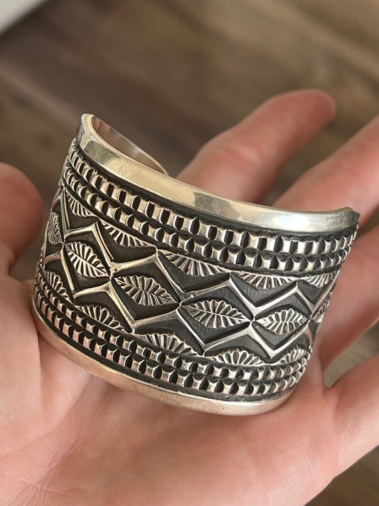 Handcrafted Old Pawn Sterling Silver Deep Stamped Cuff Bracelet by Elvira Bill