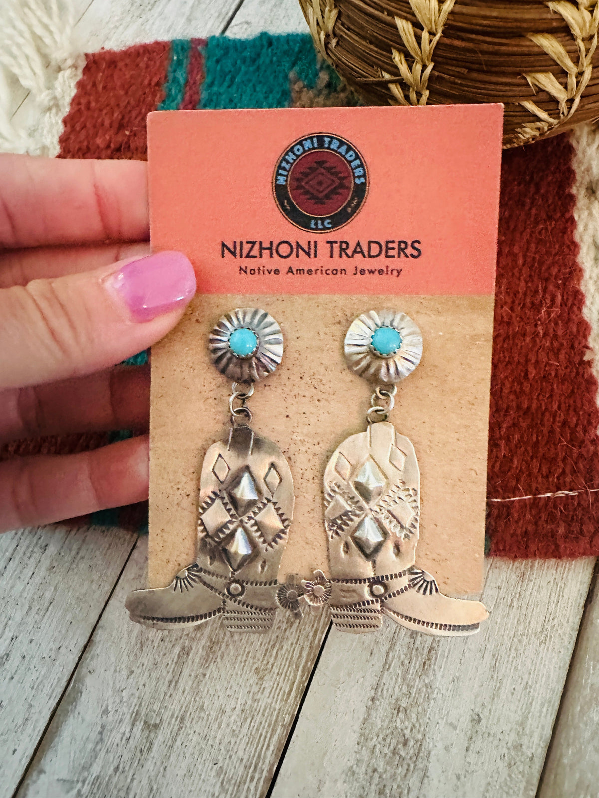 Handcrafted Turquoise & Sterling Silver Cowboy Boot Dangle Earrings By Tim Yazzie