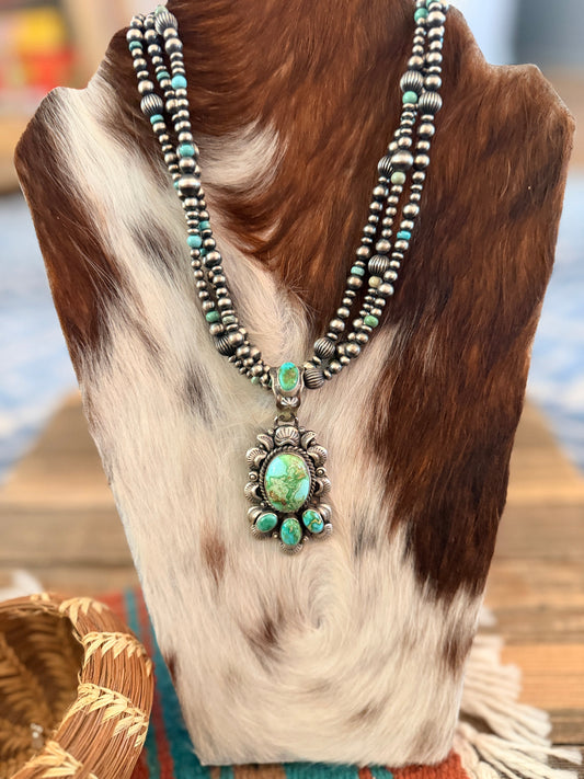 Handcrafted Sonoran Mountain Turquoise & Sterling Silver Beaded Necklace by Gilbert Tom