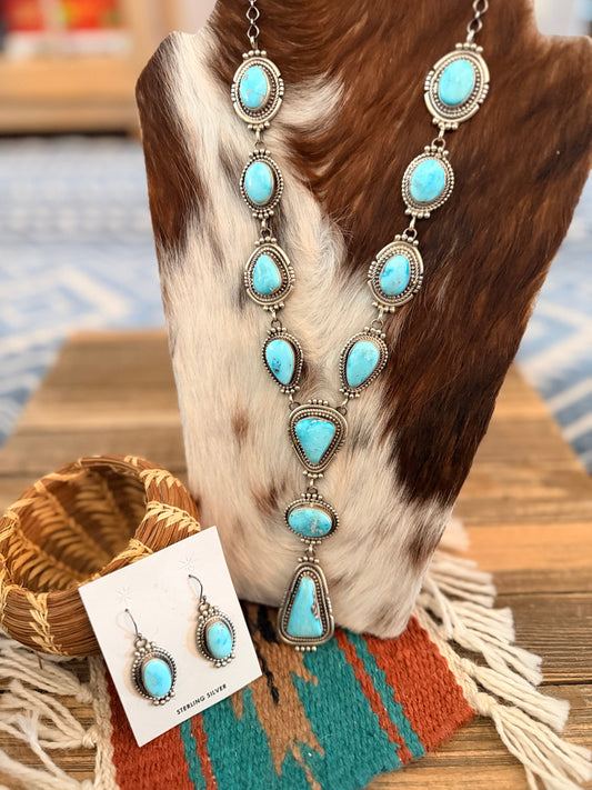 Handcrafted Kingman Turquoise & Sterling Silver Necklace and Earring Set