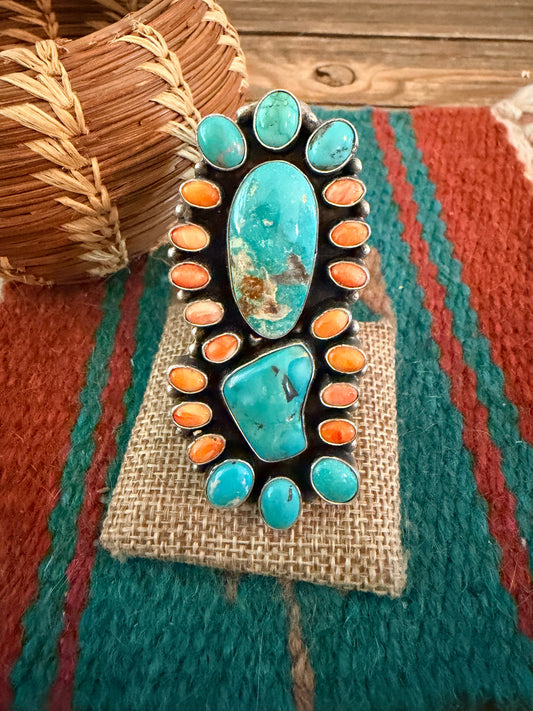 Handcrafted Spiny Oyster, Turquoise & Sterling Silver Cluster Ring by Sheila Becenti Size 10