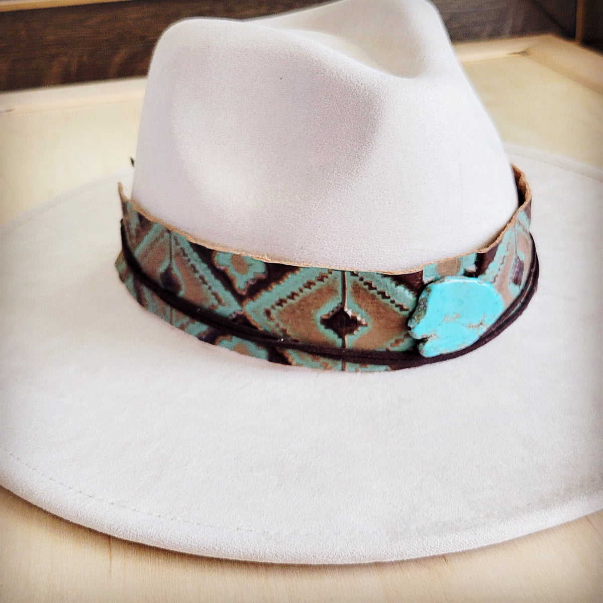 **Wide Genuine Leather Turquoise Navajo Hat Band w/ Turq 953i