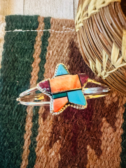 Handcrafted Multi Stone & Sterling Silver Inlay Star Cuff Bracelet