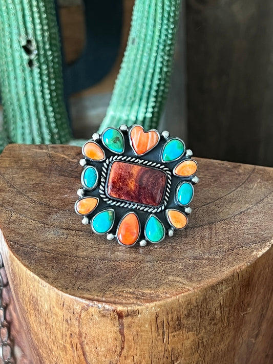 Handcrafted Electric Rainbow Turquoise and Spiny Oyster Ring by Angela Martin and Bernyse Chavez, Size 7.5-8
