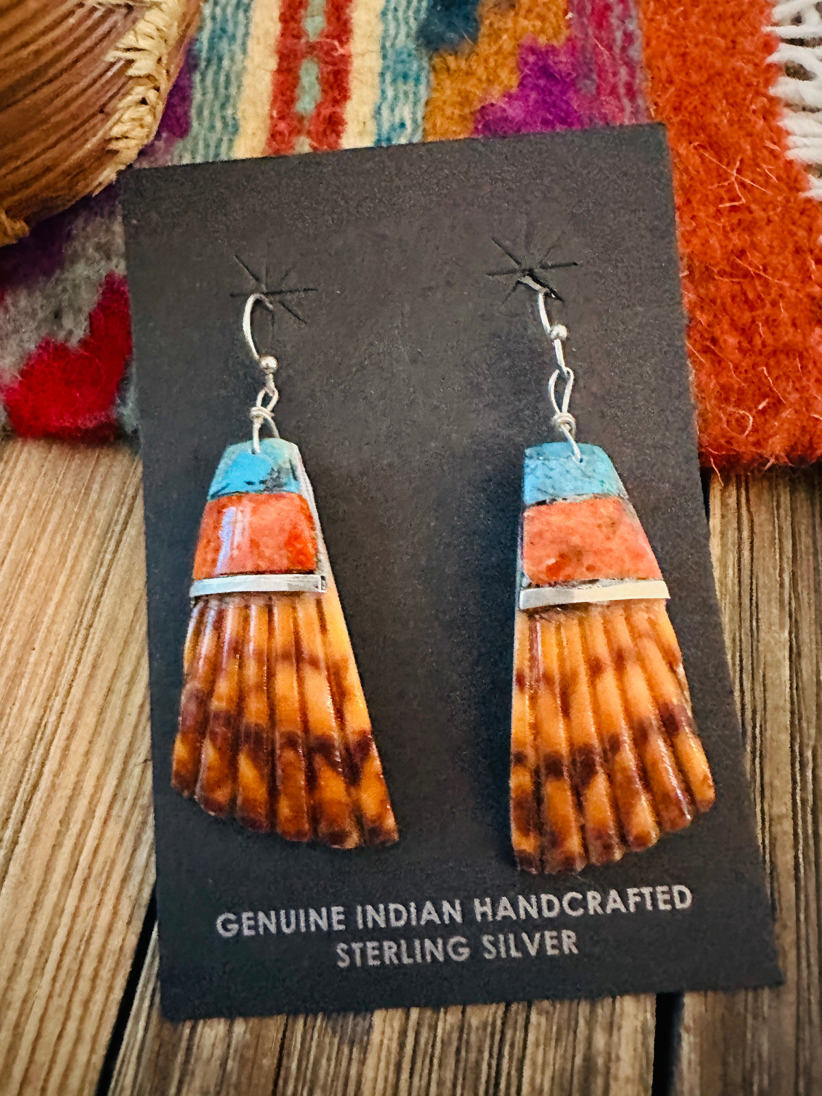Handcrafted Multi Stone Inlay & Shell Dangle Earrings