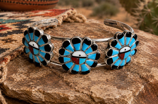 Handcrafted MultiStone Sunface Sterling Silver Cuff Bracelet With Blue Accents