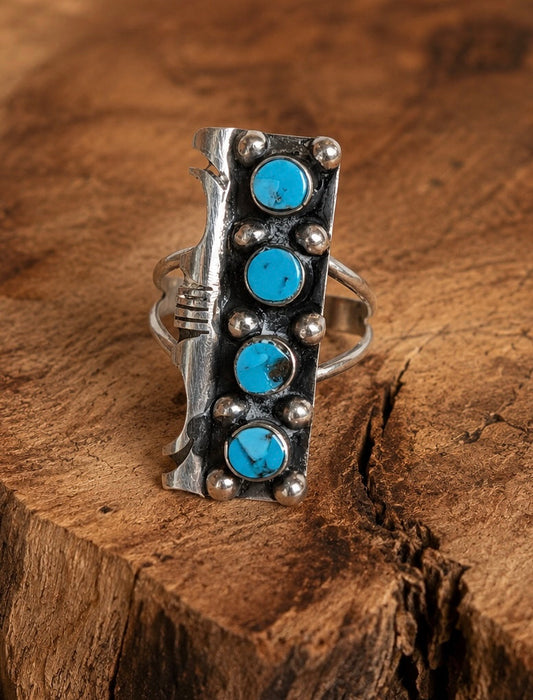 Handcrafted Kingman Turquoise Four Stone Sterling Silver Statement Ring Size 7.5