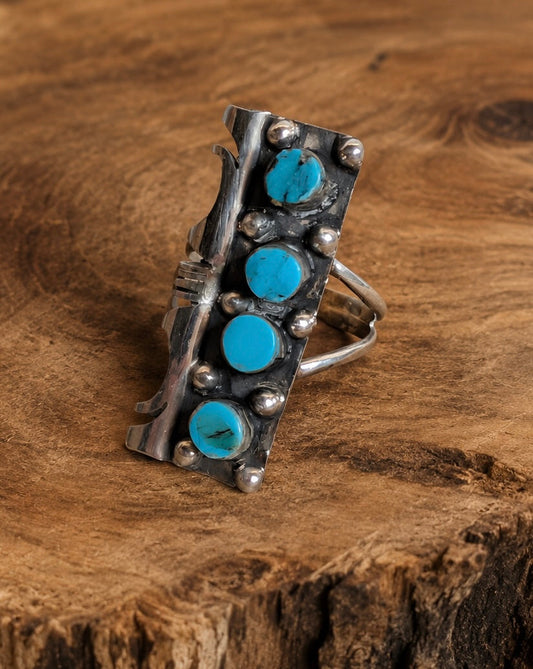 Handcrafted Kingman Turquoise Four Stone Sterling Silver Statement Ring Size 7