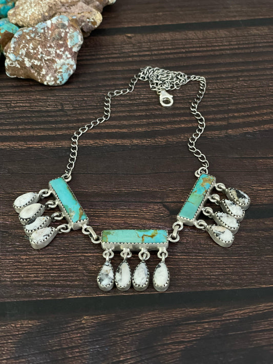 Handmade Sterling Silver Kingman and White Buffalo Turquoise Necklace, Signed Nizhoni