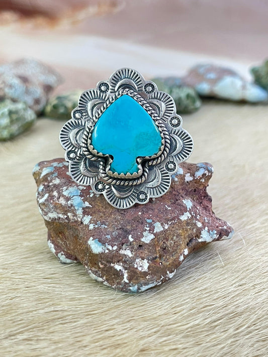 Handmade Sterling Silver Kingman Turquoise Adjustable Ring, Signed Nizhoni