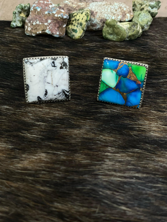 Handmade Sterling Silver Peacock Dahlia, White Buffalo Turquoise Adjustable Ring with Signed Nizhoni
