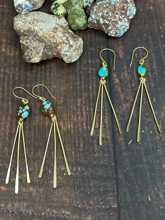 “The Golden Collection” Handmade Natural Gold Plated Sonoran Mountain, Number 8 Turquoise Dangle Fringe Earrings