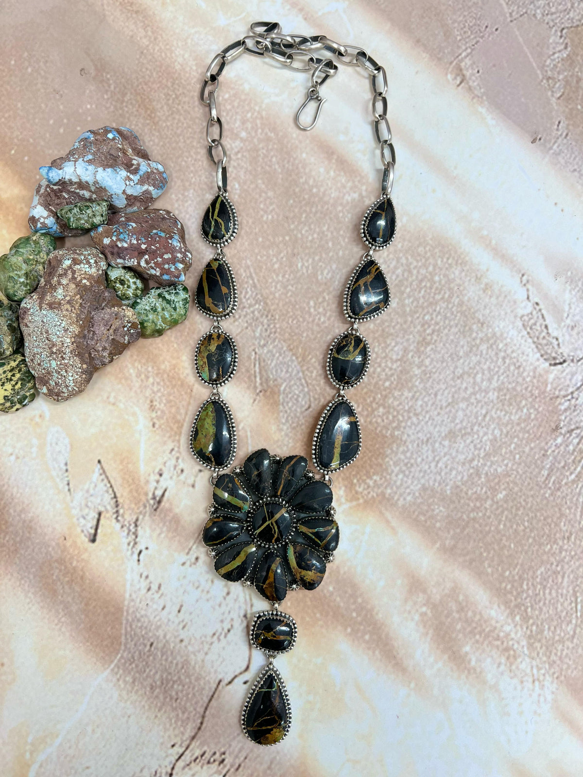 Handmade Sterling Silver Blackjack Turquoise Necklace Signed Nizhoni