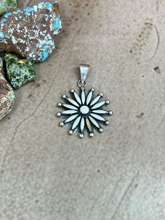 Handmade Sterling Silver White Buffalo Turquoise Pendant with Signed Nizhoni