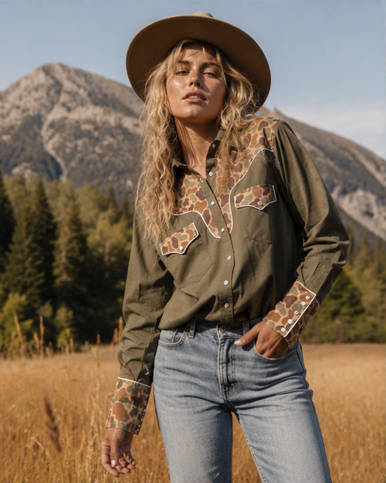 Straight Shooter Duck Camo Pearl Snap Blouse