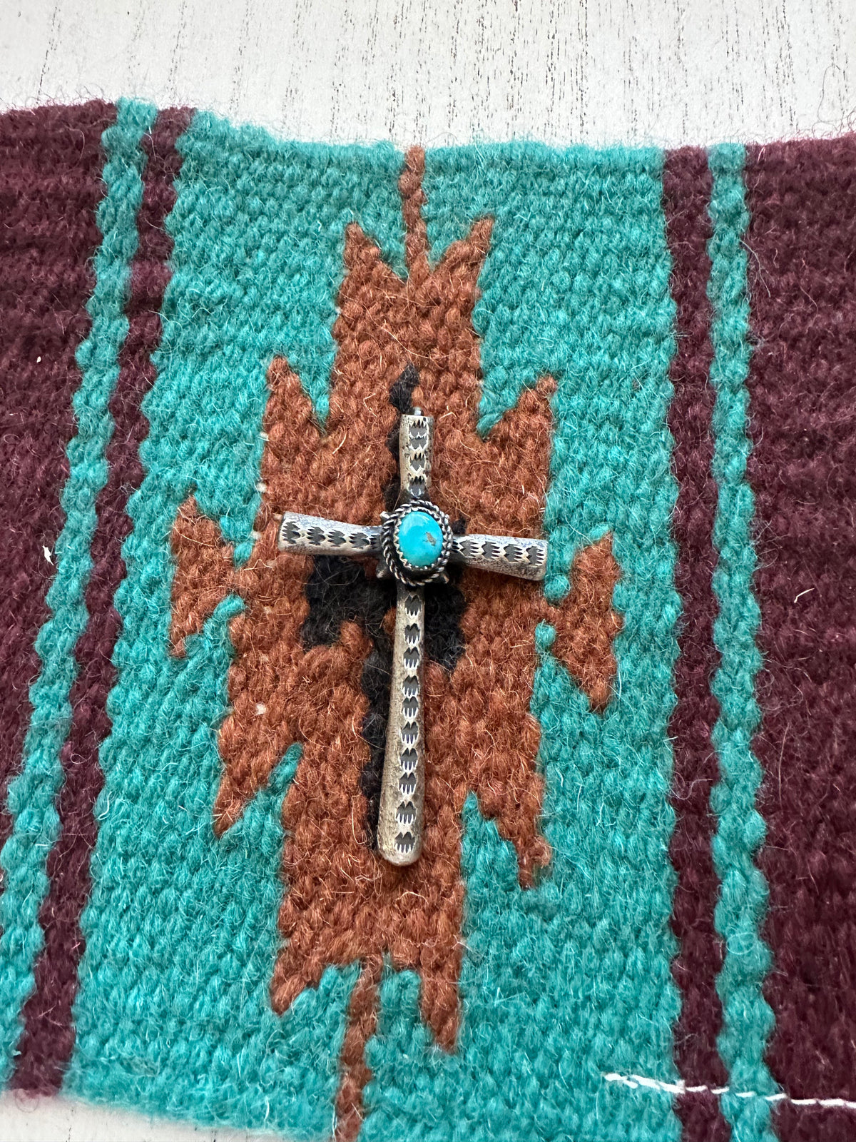 Beautiful Handcrafted Turquoise & Sterling Silver Cross Pendant Signed Richard Yazzie