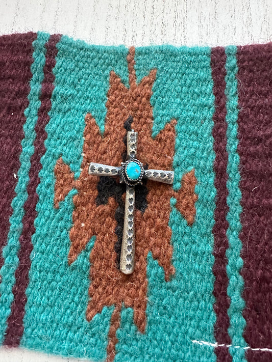 Beautiful Handcrafted Turquoise & Sterling Silver Cross Pendant Signed Richard Yazzie