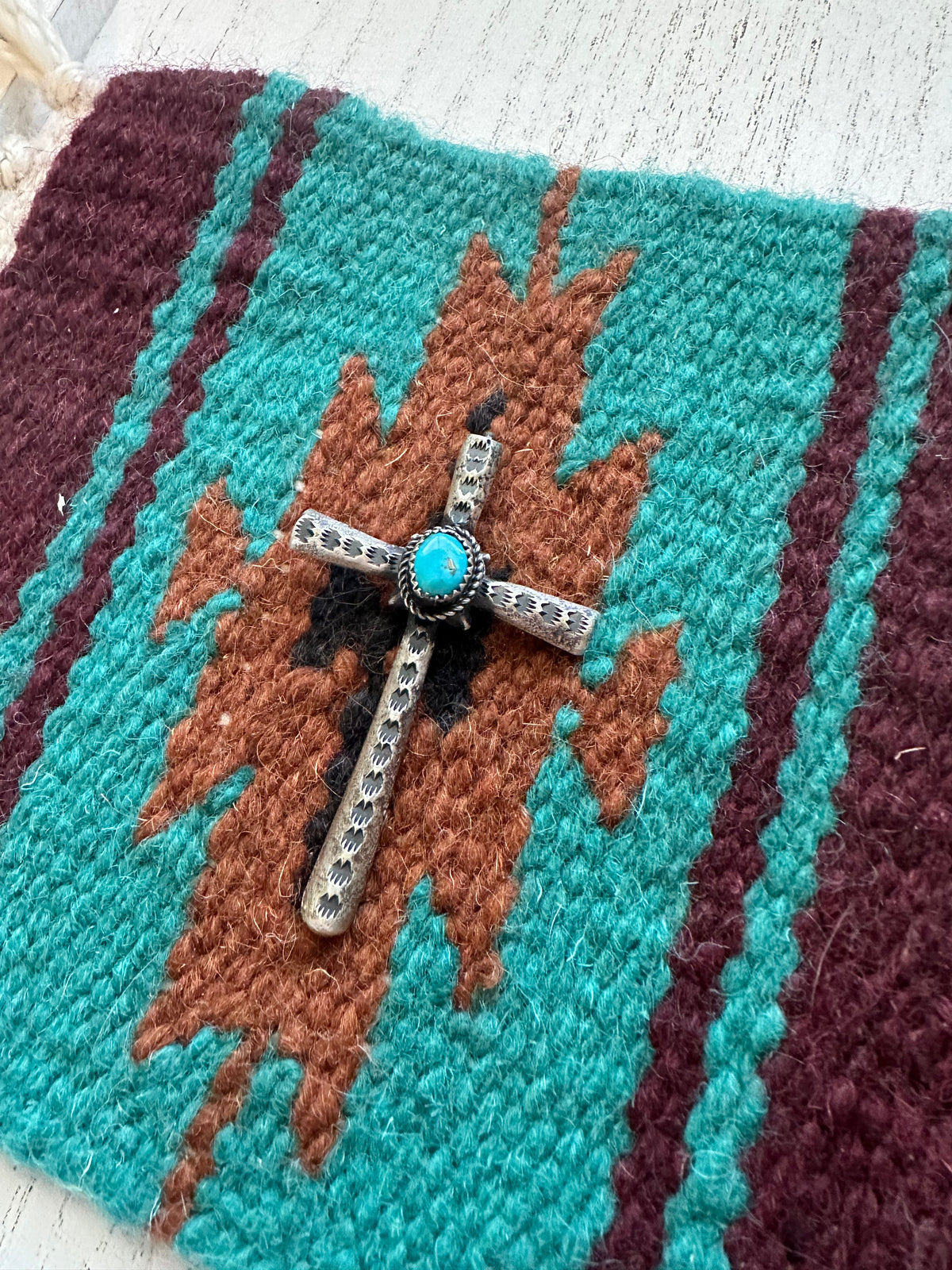 Beautiful Handcrafted Turquoise & Sterling Silver Cross Pendant Signed Richard Yazzie