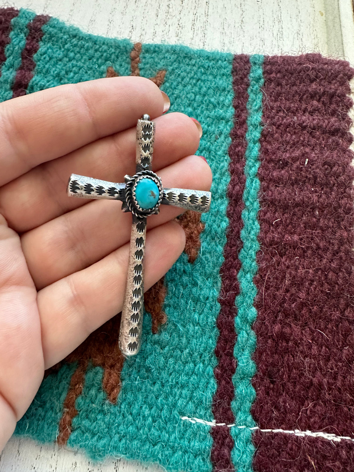 Beautiful Handcrafted Turquoise & Sterling Silver Cross Pendant Signed Richard Yazzie