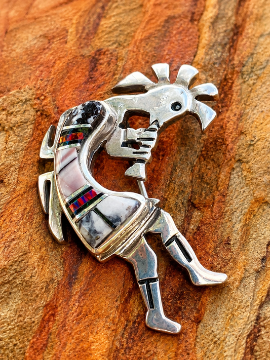 Handcrafted Onyx, Purple Spiny and Fire Opal  Sterling Silver Kokopelli Pin Pendant