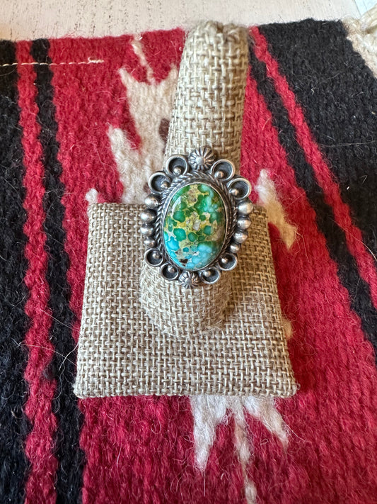 Handcrafted Sonoran Mountain Turquoise & Sterling Silver Single Stone Ring Size 8.5 Signed S.Tso