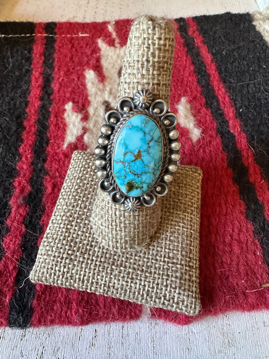 Handcrafted Sonoran Mountain Turquoise & Sterling Silver Single Stone Ring Size 8 Signed S.Tso
