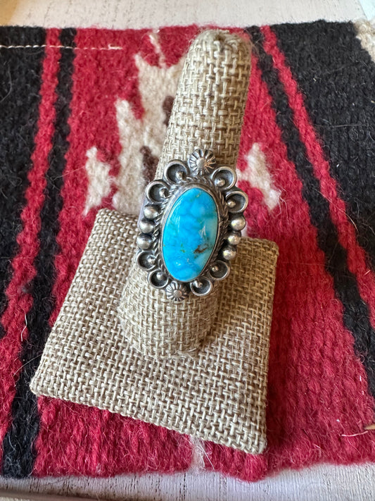 Handcrafted Sonoran Mountain Turquoise & Sterling Silver Single Stone Ring Size 8 Signed S.Tso