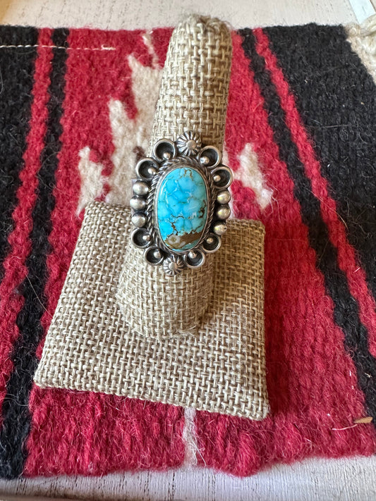 Handcrafted Sonoran Mountain Turquoise & Sterling Silver Single Stone Ring Size 8 Signed S.Tso