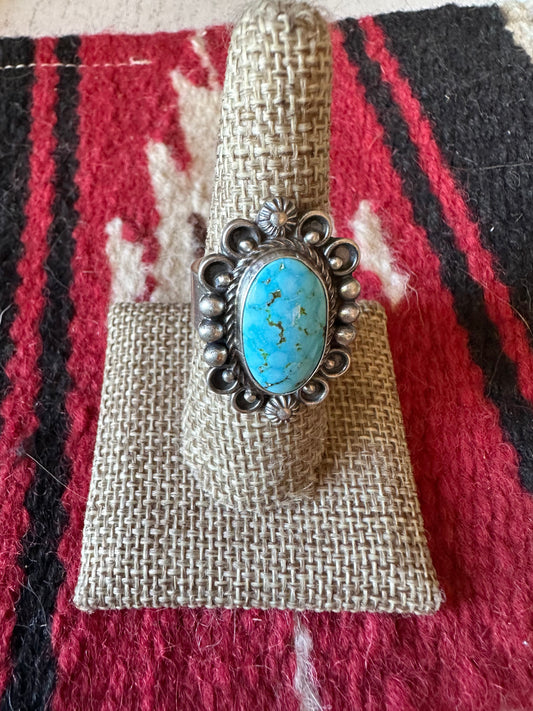 Handcrafted Sonoran Mountain Turquoise & Sterling Silver Single Stone Ring Size 8 Signed S.Tso