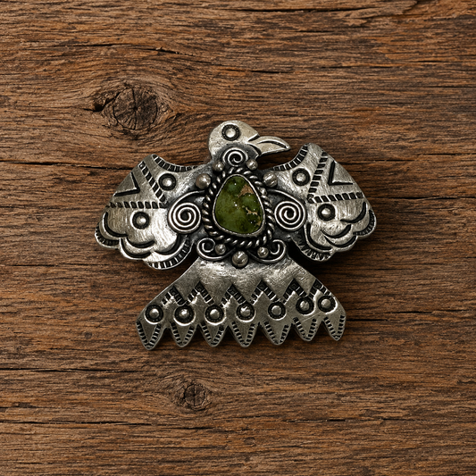 Handmade Sterling Silver & Sonoran Mountain Turquoise Thunderbird Pendant Signed Nizhoni MORE GREEN