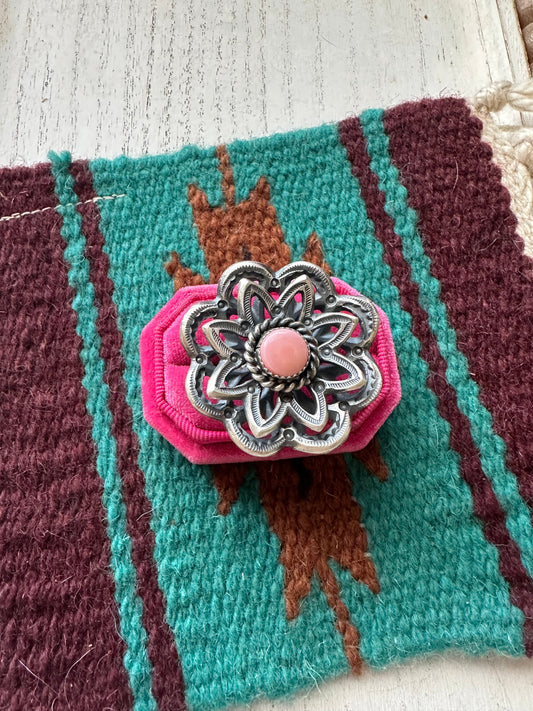 Handcrafted Pink Conch And Sterling Silver Adjustable Flower Ring Signed K Billah