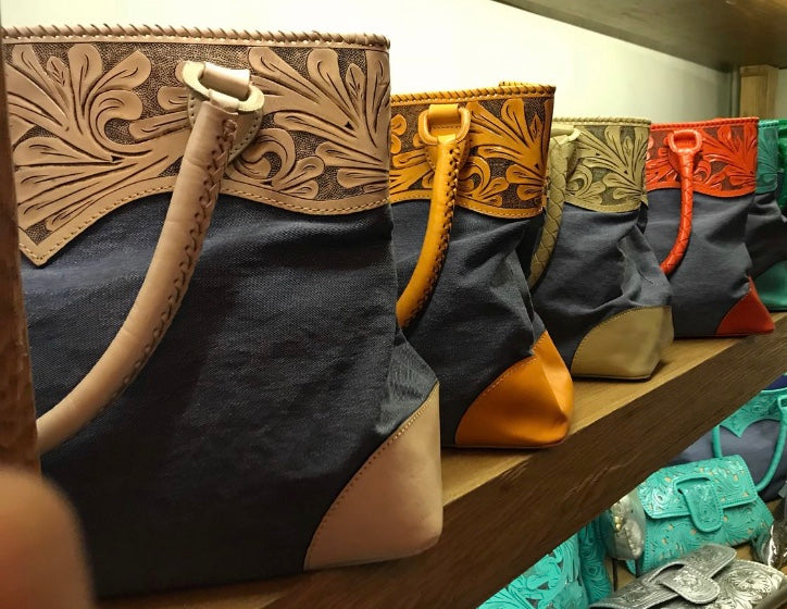 Hand-Tooled Leather & Denim Tote "Denim" by ALLE more Colors