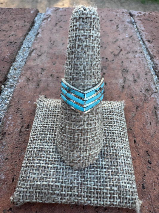 Handcrafted Sterling Silver & Kingman Turquoise Inlay 3 Row Stacker Ring