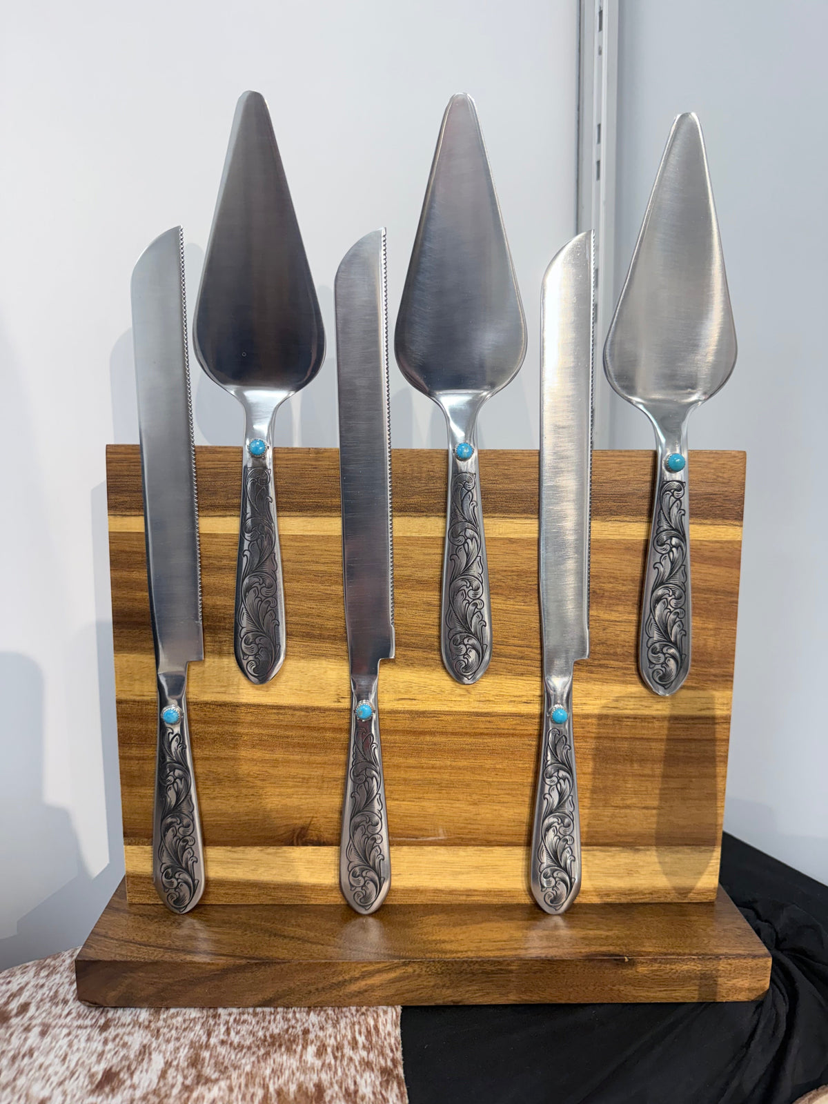 Wedding Cake Serving Set | Genuine Turquoise Engraved Cake Knife and Server - Ready to Ship
