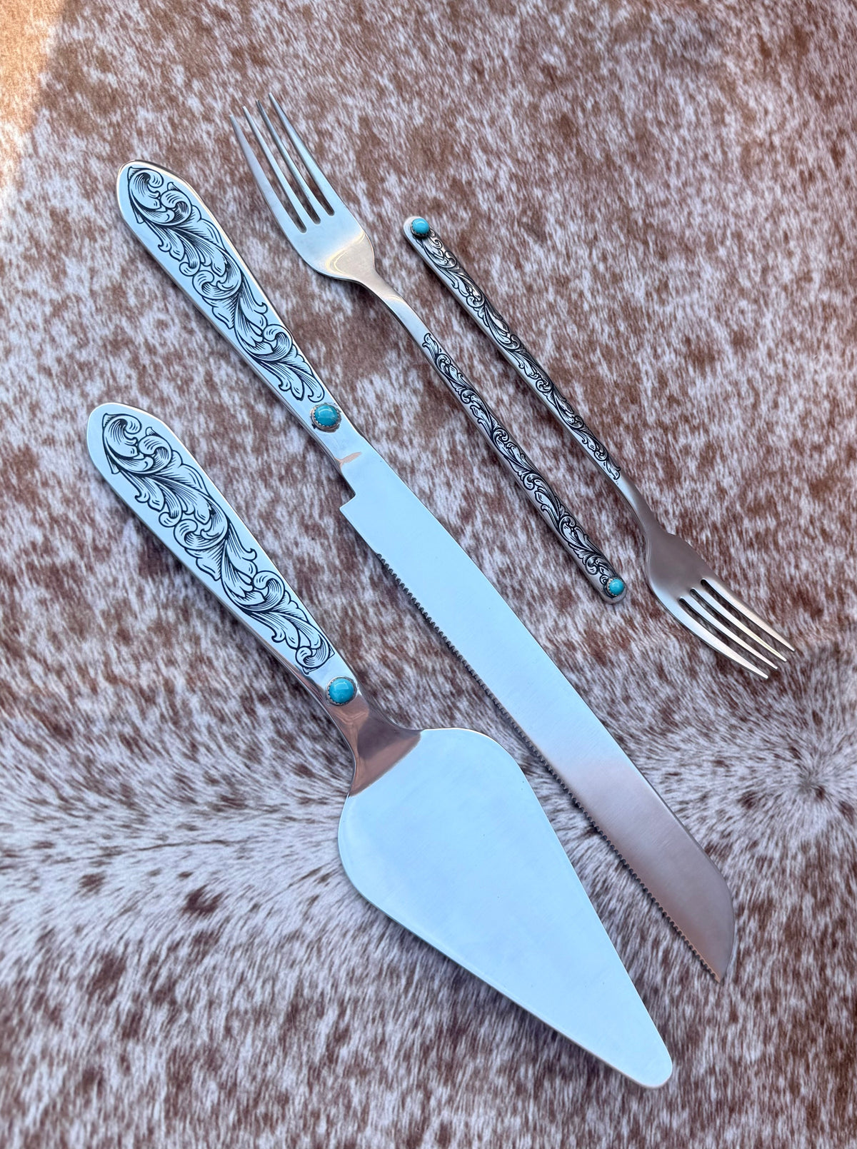 Wedding Cake Forks - Genuine Turquoise Engraved Fork Set | Ready to Ship