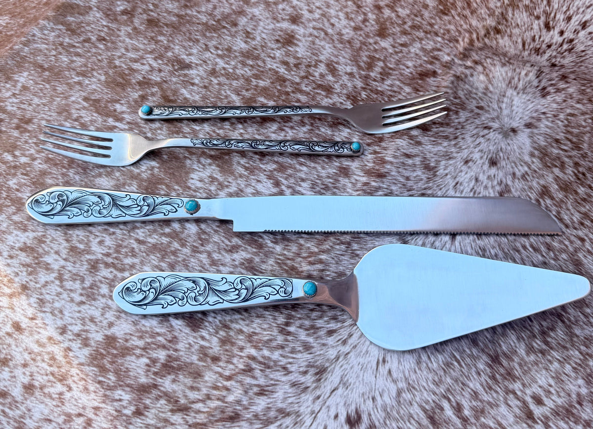 Wedding Cake Forks - Genuine Turquoise Engraved Fork Set | Ready to Ship