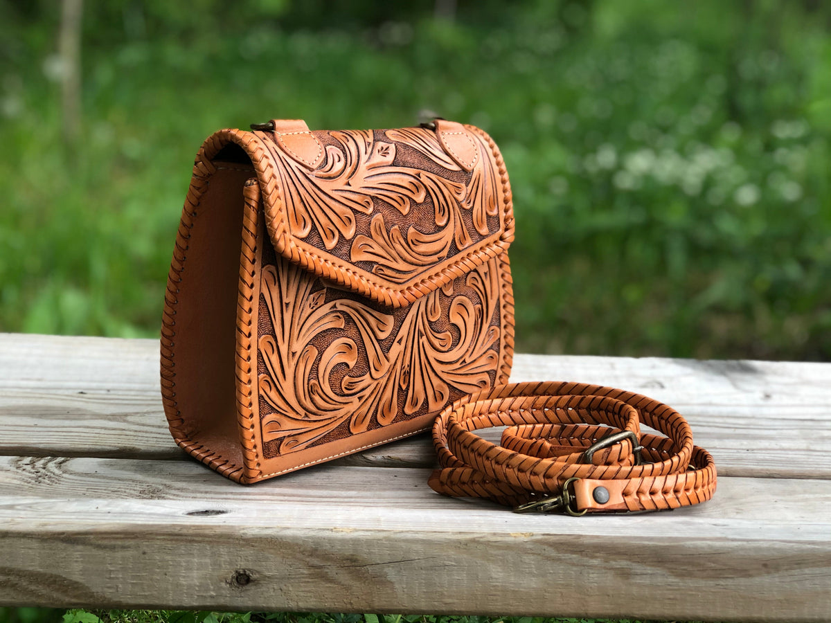 Fine Hand-Tooled Leather Crossbody "ERICKA", more Colors