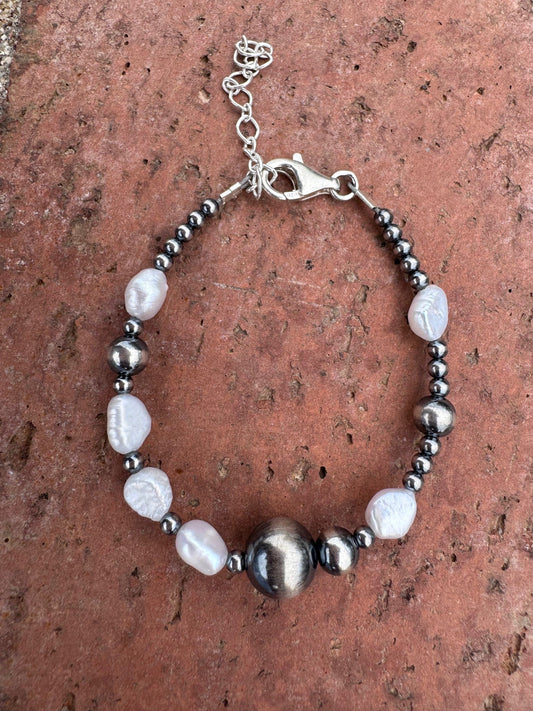 Handcrafted Freshwater Pearl & Sterling Silver Pearl 3-12mm Beaded Bracelet 6.5"