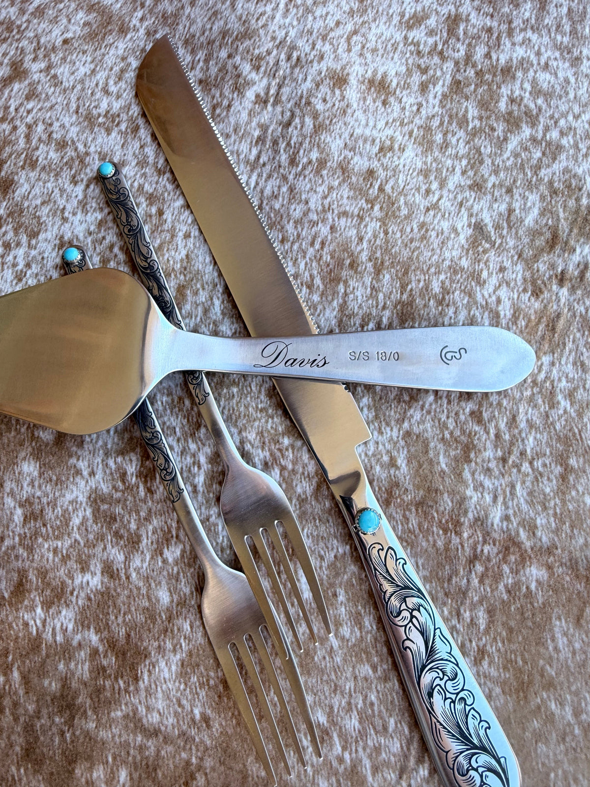 Wedding Cake Forks - Genuine Turquoise Engraved Fork Set | Ready to Ship