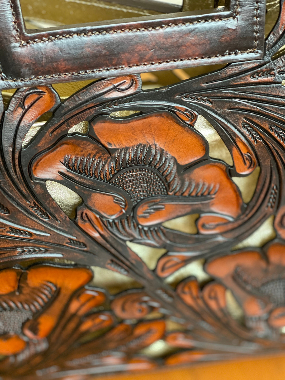 Hand tooled Cut-Out Tooling Leather Small Tote "NOTA FLORAL" by ALLE