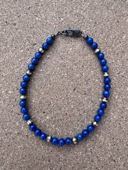 Handcrafted Lapis & Sterling Silver Pearl 4mm Beaded Bracelet 7.5"