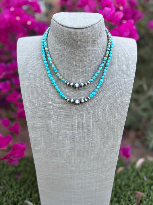 Handcrafted Kingman Turquoise & Sterling Silver 5-10mm Beaded Necklace